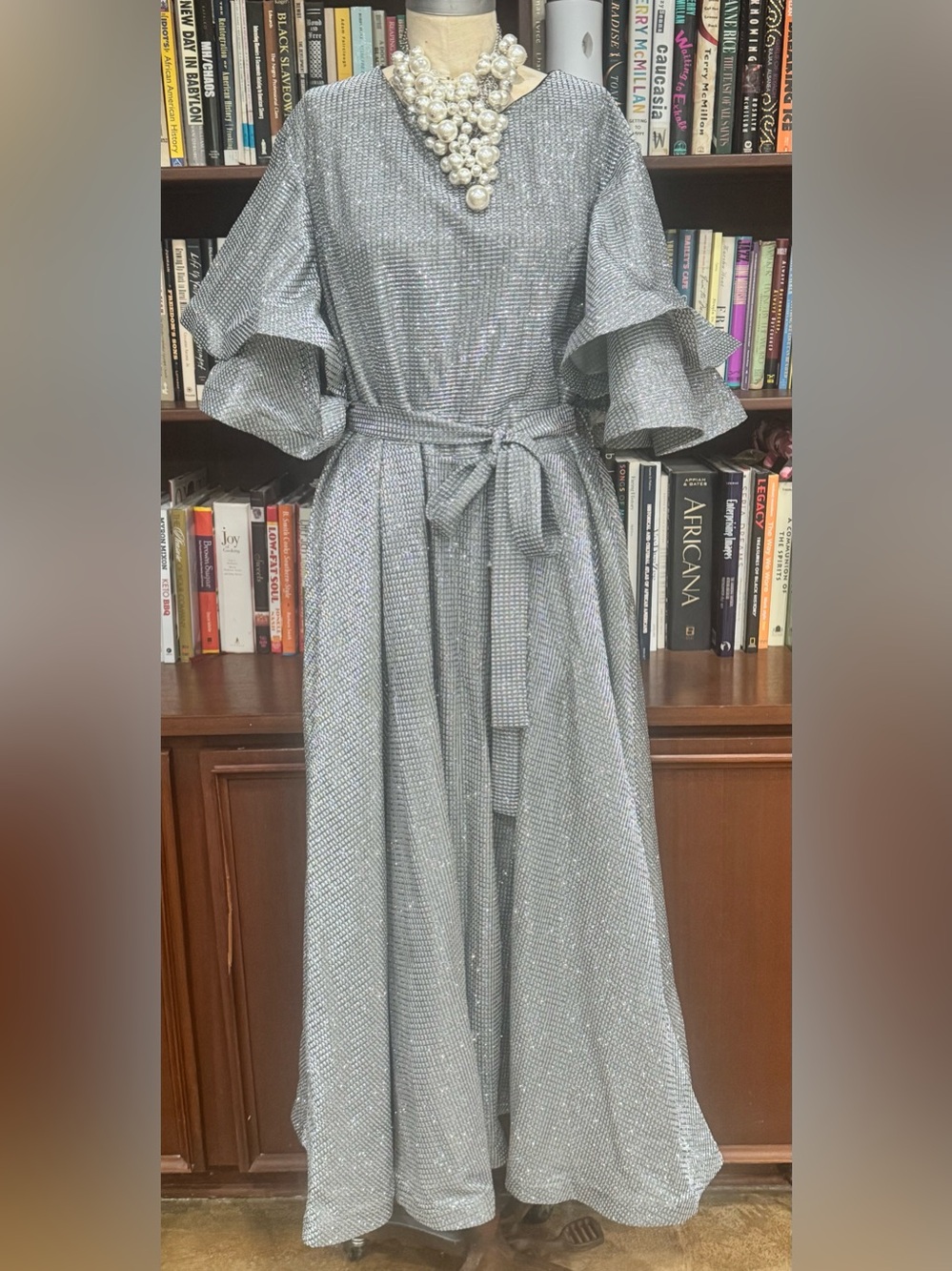 Silver Sparkle Ruffle Sleeve Belted Maxi Dress 18 Plus Special Occasion